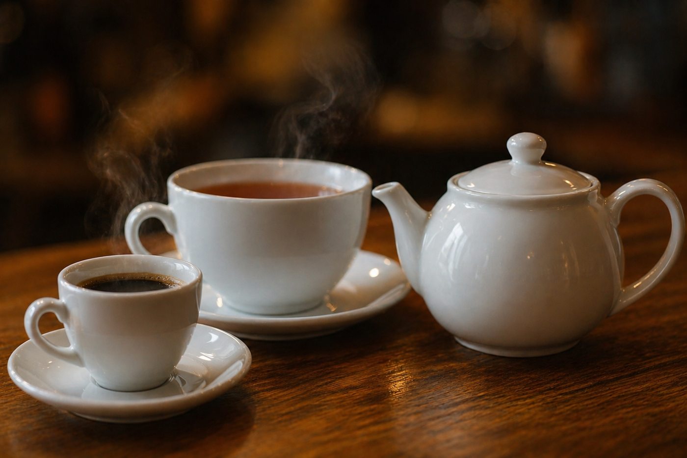Café et thé fumants sur le comptoir, le matin