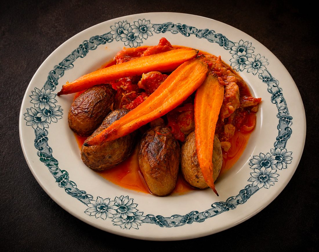 Effiloché de porc et légumes rôtis